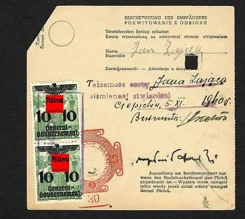 GG: Postscheckamt Warschau, Zahlungsanweisung Lohnersparnisse 1940