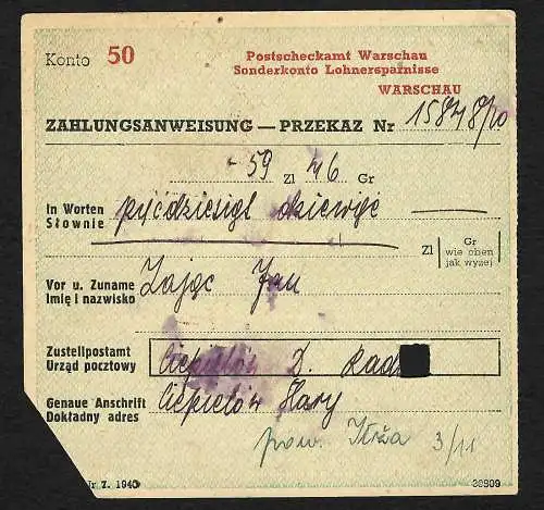 GG: Postscheckamt Warschau, Zahlungsanweisung Lohnersparnisse 1940