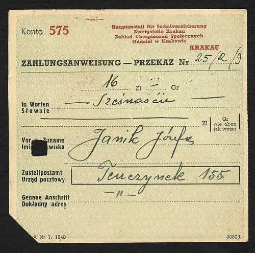 GG: Postscheckamt Warschau, Zahlungsanweisung Sozialversicherung nach Terzynek