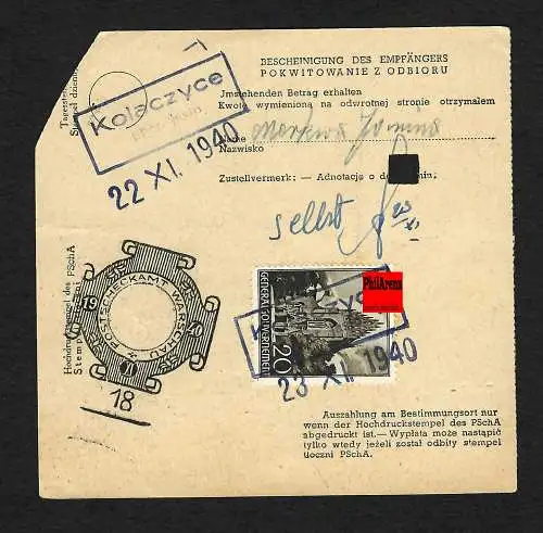 GG: Postscheckamt Warschau, Zahlungsanweisung Lohnersparnisse nach Kolaczyce 1940