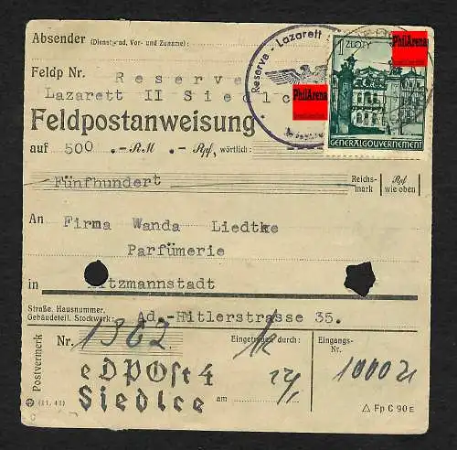GG: Feldpostanweisung Reserve Lazarett Siedlce 1943 an Parfümerie Litzmannstadt