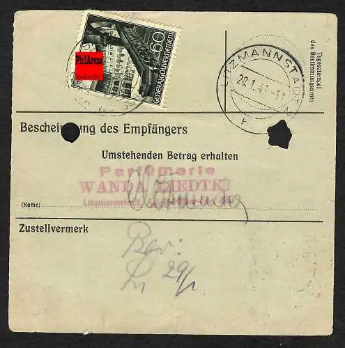 GG: Feldpostanweisung Reserve Lazarett Siedlce 1943 an Parfümerie Litzmannstadt