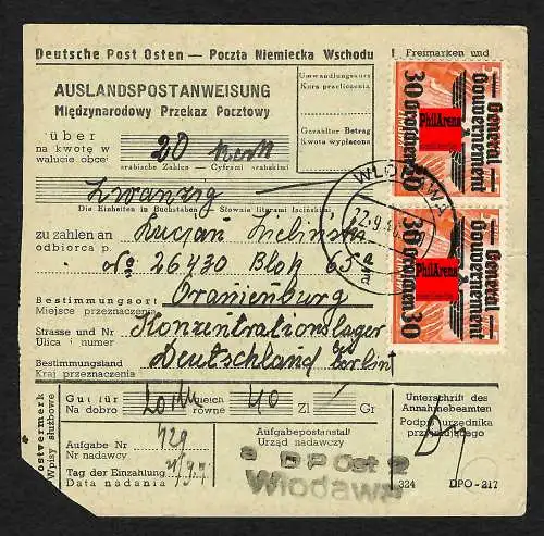 GG: Auslandspostanweisung Wlodowa an Häftling in KZ Oranienburg 1940