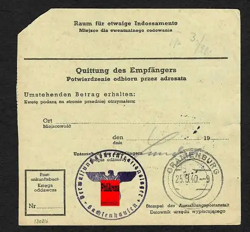 GG: Auslandspostanweisung Wlodowa an Häftling in KZ Oranienburg 1940