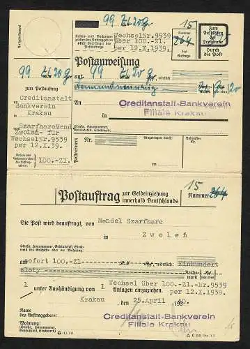 GG: Postanweisungsformular mit Postauftrag, Krakau 1940 nach Zwolen, Sehr selten