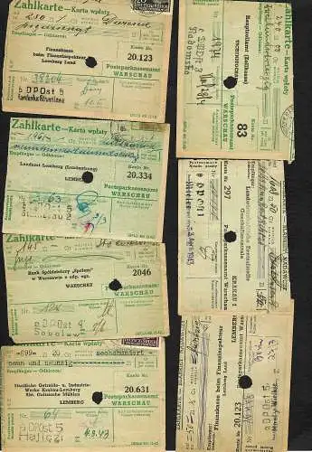 GG: 7x Abschnitte von Zahlkarten mit verschiedenen Bezirksstempeln DPOst