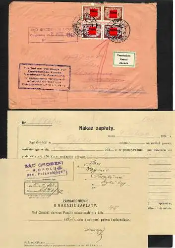 GG: Gerichtsbrief Opole nach Krasnik/Jozefow - Zurück - Verstorben, mit Inhalt