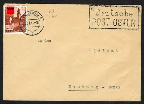 GG: Brief vom Postamt Radom an Postamt Neuburg, seltener Nebenstempel Postamt