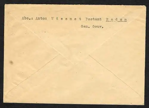 GG: Brief vom Postamt Radom an Postamt Neuburg, seltener Nebenstempel Postamt
