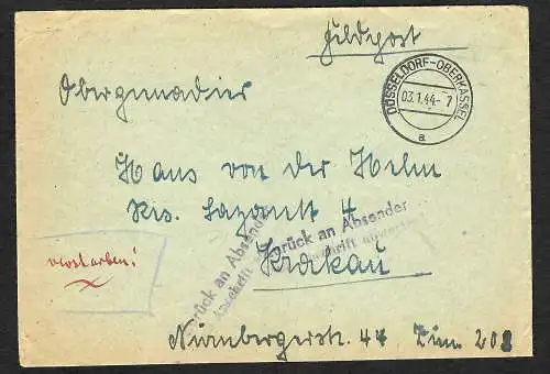 GG: Feldpost Düsseldorf 1944 an Lazarett Krakau: Zurück an Absender, verstorben