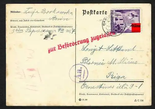 GG Postkarte Warschau nach Riga, OKW Zensur: Vermerk: zur Beförderung zugelassen