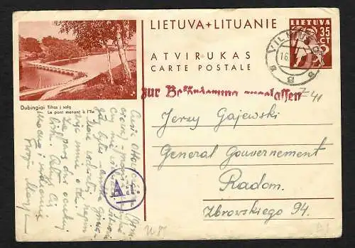 GG Postkarte Vilnius nach Radom, OKW Zensur: Vermerk: zur Beförderung zugelassen