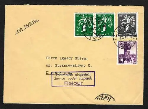 GG: Brief aus Langenau/CH nach Krakau 5.12.39: Zurück Postverkehr eingestellt