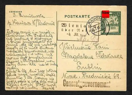 GG: Ganzsache von Radom, Agenturstempel Wieniawa nach Lublin 1941
