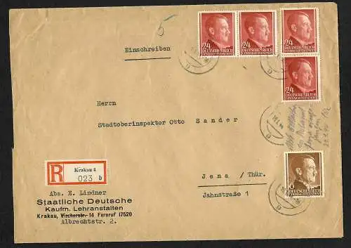 GG: Brief aus Krakau mit fehleder Marke 1944, vom Postamt Jena vermerkt