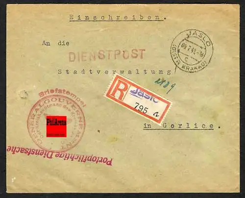 GG: Portopflichtige Dienstsache als Einschreiben Jaslo nach Gorlice 1941