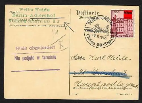 GG: Postkarte-Antwortkarte Berlin-Warschau, Nicht abgefordert, zurück 1940