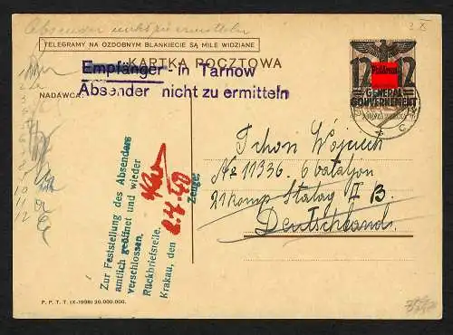 GG: Ganzsache Tarnow an Stalag IIB, zurück nicht zu ermitteln. Rückbriefstelle
