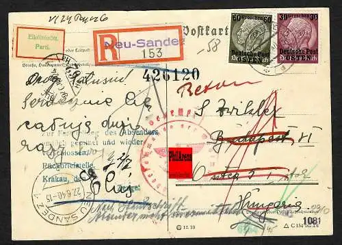 GG: Postkarte Einschreiben nach Ungarn, zurück ohne Absender zur Rückbriefstelle