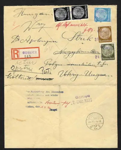 GG: Einschreiben Gorlice nach Ungarn, zurück ohne Absender zur Rückbriefstelle