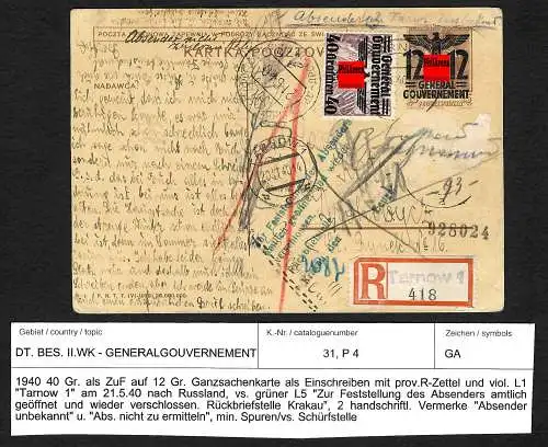 GG: R-Ganzsache nach Russland, zurück ohne Absender zur Rückbriefstelle 1940