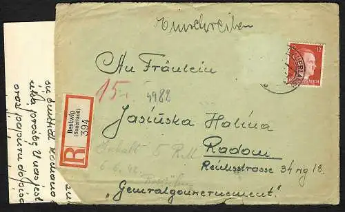 GG Einschreiben Bestwig nach Radom mit Wertangabe, rückseitig Devisenüberwachung