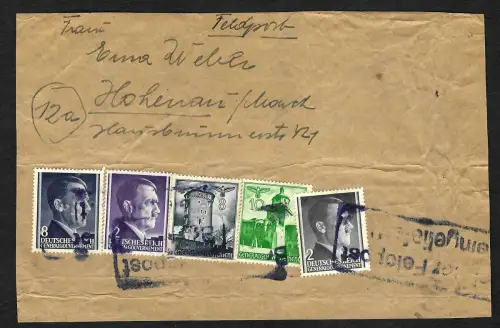 GG: Päckchen 1944 nach Hohenau, bei der Feldpost eingeliefert, Adressteil
