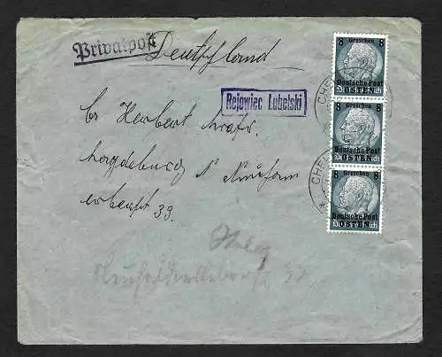 GG: Zensur Briefverkehr ins Reich: Chelm, Rejowiec Lubelski nach Magdeburg 1940