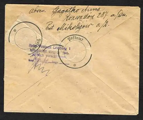 GG: Einschreiben 1943 Ostbahn Mikolajow-Lemberg: Beschädigt eingegangen