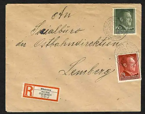 GG: Einschreiben 1943 Ostbahn Mikolajow-Lemberg: Beschädigt eingegangen