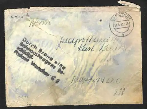 GG: Brief Sarstedt an FPNr. 44220: Durch Brand eines Bahnpostwagens beschädigt