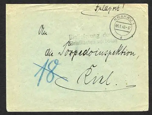 GG: Feldpost FPNr. 03890, Krakau 03.01.40. Nachgebühr und zurück - Briefkasten