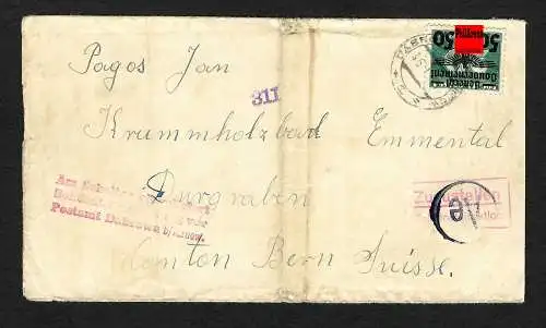 GG: Dabno nach Emmental/CH, Interniertenpost, Zensur: Ausweis am Schalter  1941