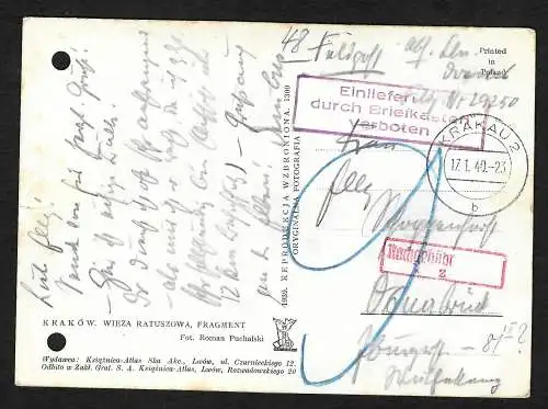 GG: Ansichtskarte Krakau als Feldpost nach Osnabrück, Nachgebühr 1940