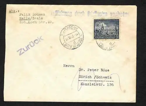 GG: Brief von Tarnow nach  Zürich, seltene EF, zurück, verboten 1942