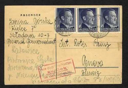 GG: Postkarte von Kielce in die Schweiz, Aus dem Briefkasten - zurück 1944