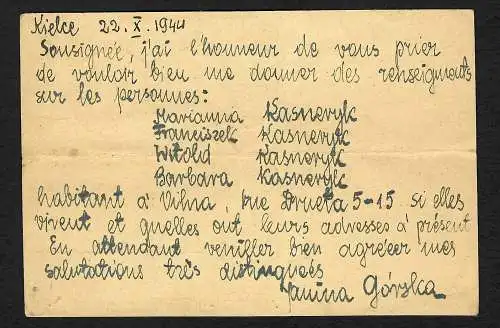 GG: Postkarte von Kielce in die Schweiz, Aus dem Briefkasten - zurück 1944