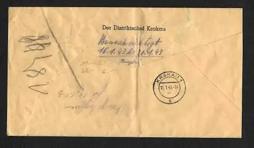 GG: Einschreiben Distriktschef Krakau 1943, Stempel Benachrichtigt