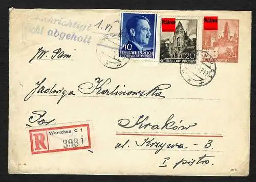 GG: Einschreiben Warschau-Krakau 1942, Stempel Benachrichtigt