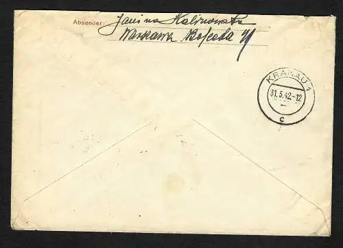 GG: Einschreiben Warschau-Krakau 1942, Stempel Benachrichtigt