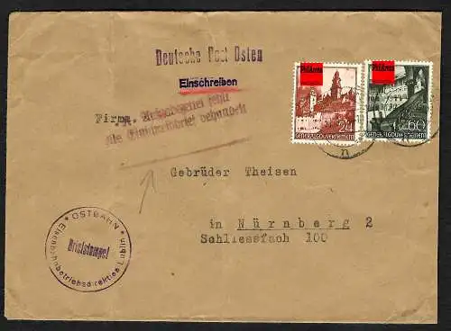 GG: Einschreiben ohne R-Zettel von Lublin nach Nürnberg: Stempel Aufgabezettel