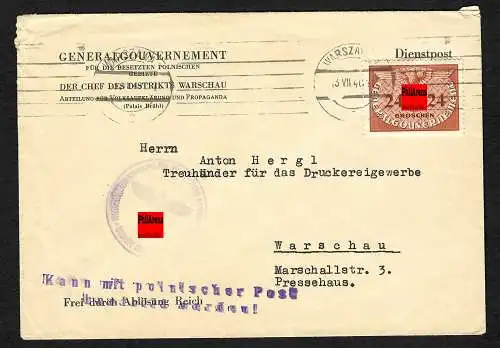 GG: Dienstbrief Chef des Distrikts Warschau: Stempel: Kann mit poln. Post ....