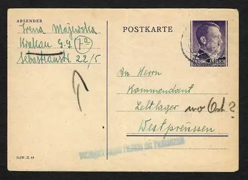 GG: 1944 Karte von Krakau : Stempel: Verzögert wegen fehlens der PLZ - zurück