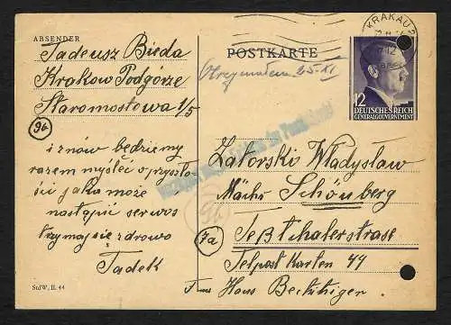 GG: 1944 Karte von Krakau : Stempel: Verzögert wegen fehlens der PLZ, zurück