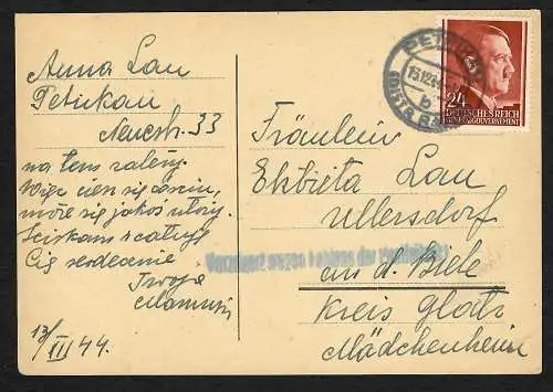 GG: 1944 Karte von Petrikau : Stempel: Verzögert wegen fehlens der PLZ, zurück