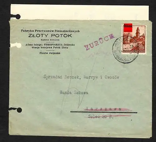 GG: Brief von Juljanka 1943 nach Warschau, zurück mit rücks. Vermerk