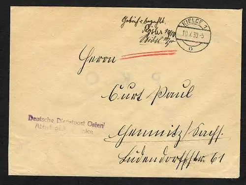 GG: Brief von Kielce 10.10.39 nach Chemnitz: Gebühr bezahlt mit 2 Zeugen