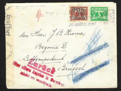 GG: Irrläufer: Brief von NL nach Brüssel, Stempel Zurück in Warschau nicht...