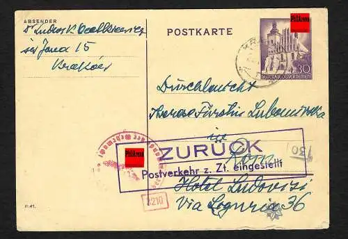 GG: Krakau an Durchlaucht Fürstin in Rom, Postverkehr eingestellt, 25.8.43