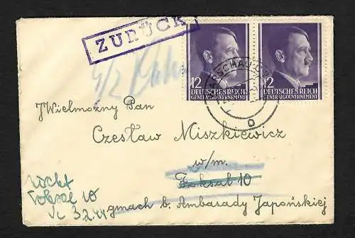 GG: Brief aus Warschau nach Japonskiej 1944 und zurück mit rücks. Vermerk